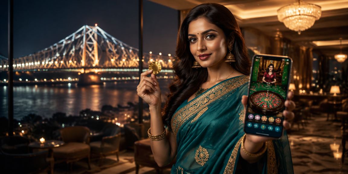 Young woman using mobile casino app in traditional Indian saree