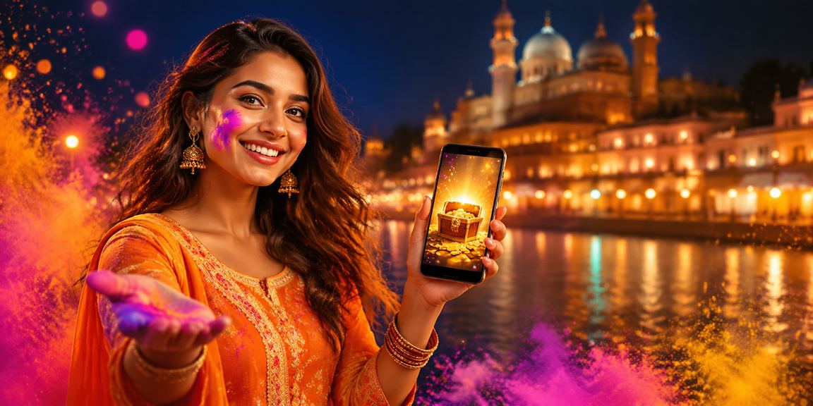 Lucknow old city background with festive Holi colors symbolizing gaming celebrations